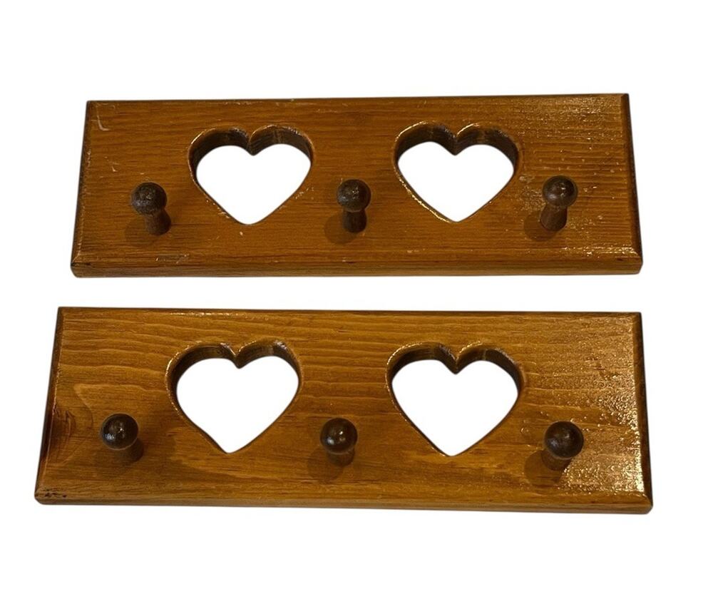 Pair Of 80s Oak Wooden Cut out HEARTS Coat Hook Peg Country Farmhouse 8”